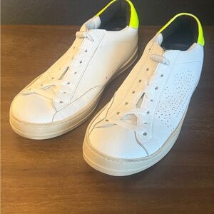 P448 White Leather “John” Sneakers with Neon Yellow Heel Tab